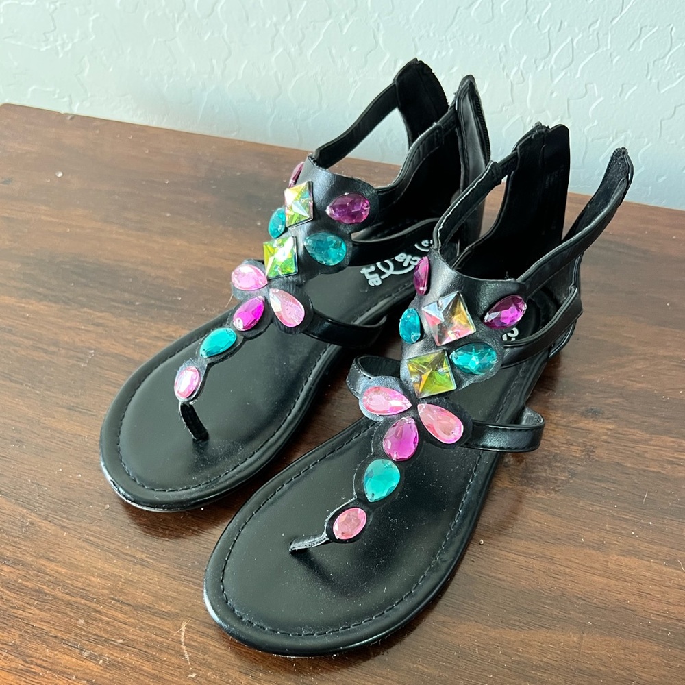 5/$25 Girl’s Black Sandals with Multicolored Jewels and zip up back